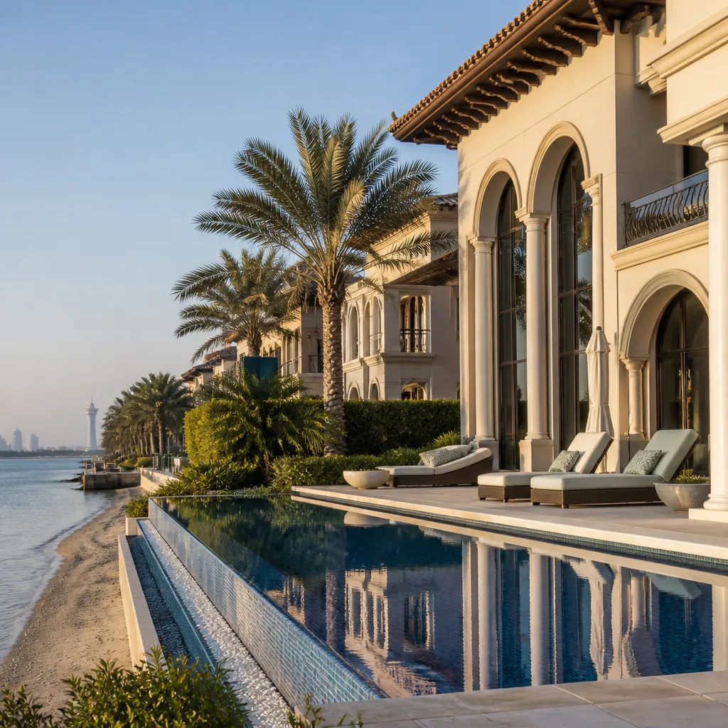 Современные виллы на Palm Jumeirah в Дубае у морского побережья