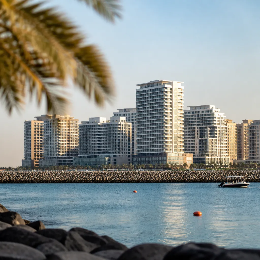 Побережье Al Marjan Island в Рас-эль-Хайме с современными жилыми комплексами