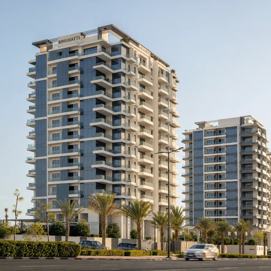 Современные жилые дома и благоустроенная улица в районе Jumeirah Village Circle в Дубае