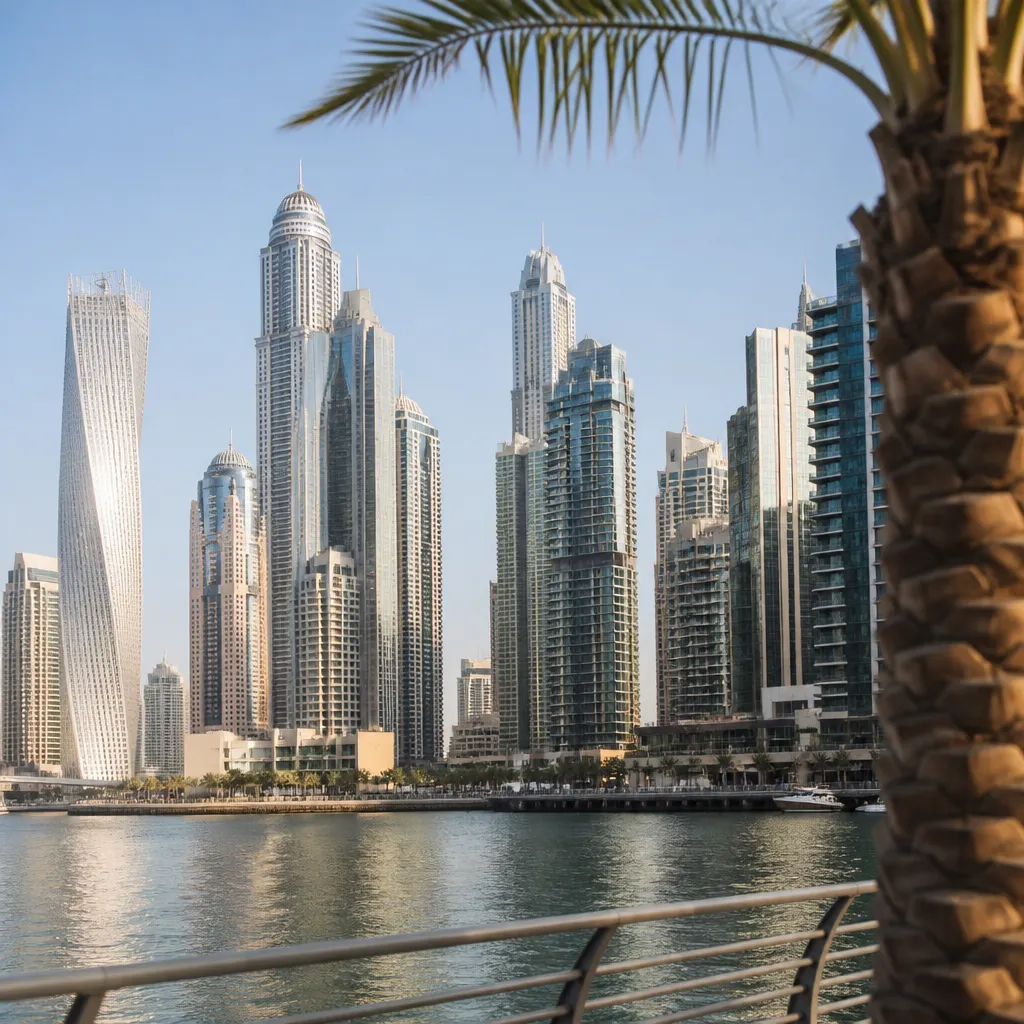 Современные жилые башни Emaar в Дубае на фоне дневного неба