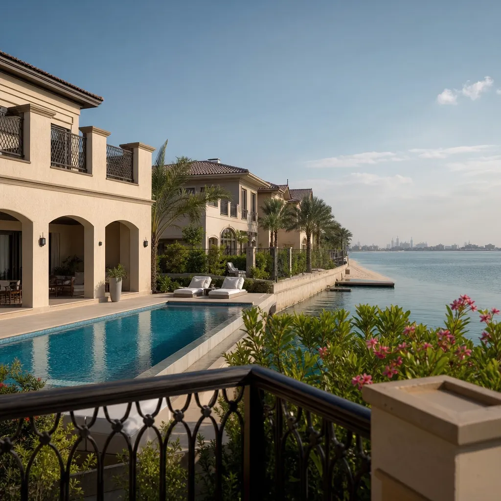 Вид на строящиеся виллы и побережье Palm Jebel Ali в Дубае