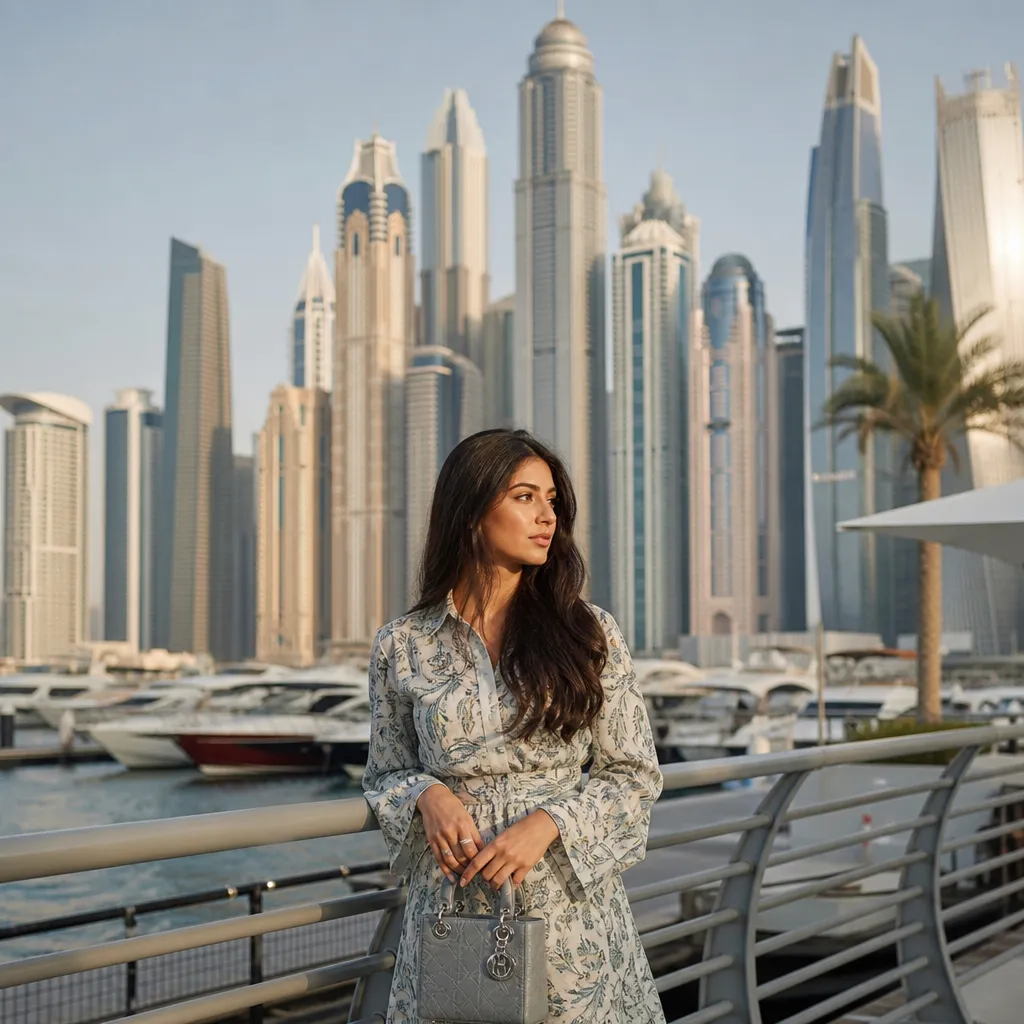 Панорама высотных резиденций и яхтенной гавани Dubai Harbour в Дубае