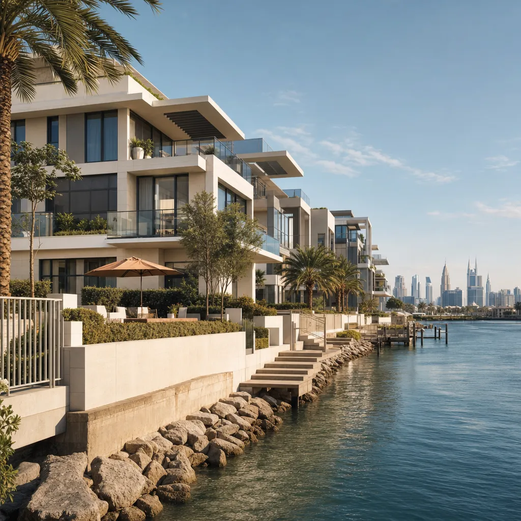 Современные жилые комплексы и пляж на Dubai Islands в Дубае