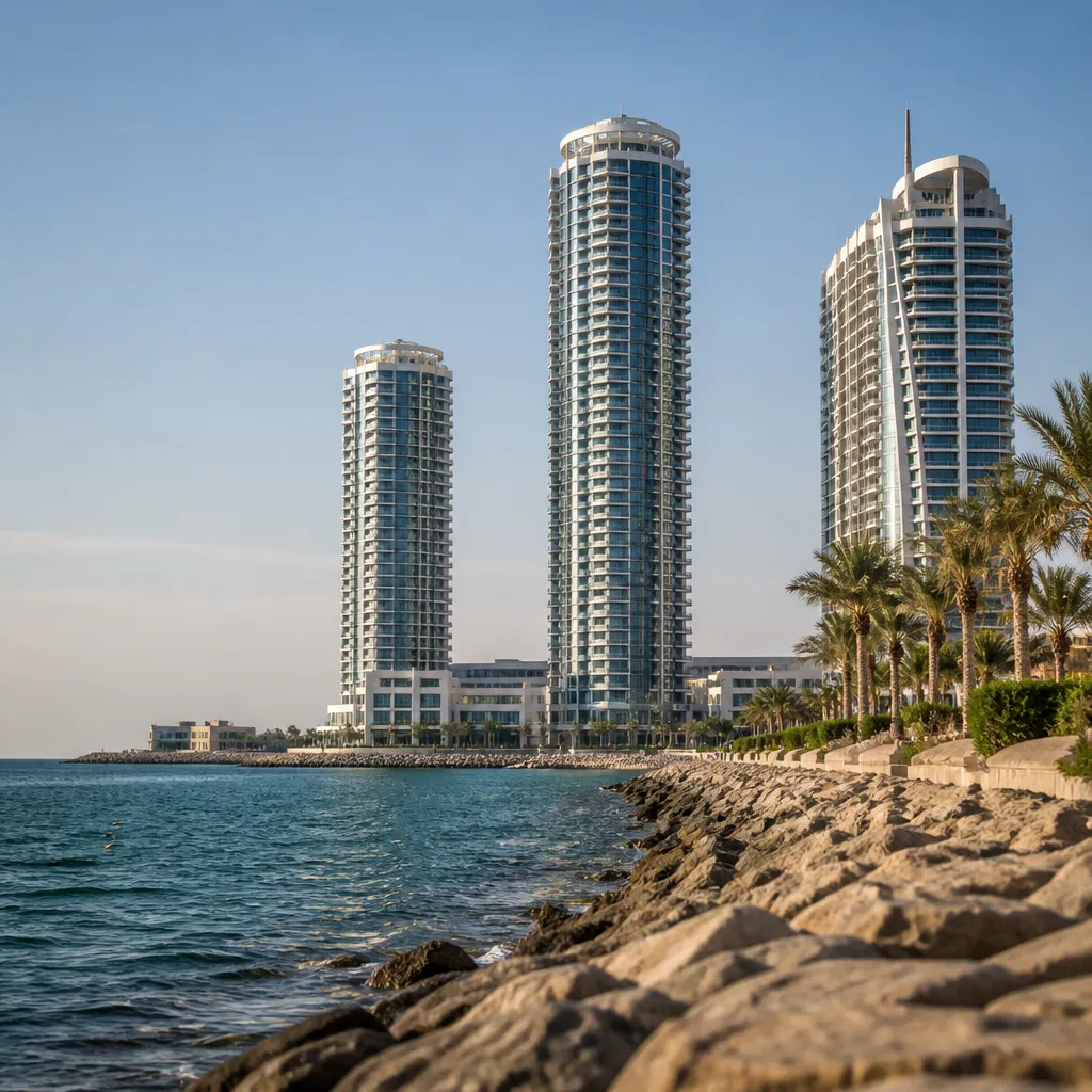 Побережье Al Marjan Island в Рас-эль-Хайме с современными жилыми комплексами