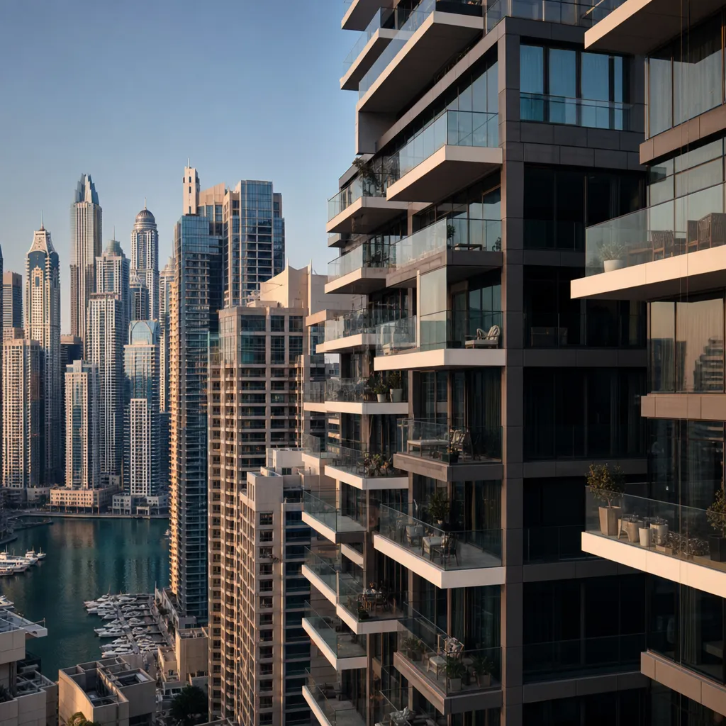 Современные жилые башни и набережная Dubai Marina в Дубае