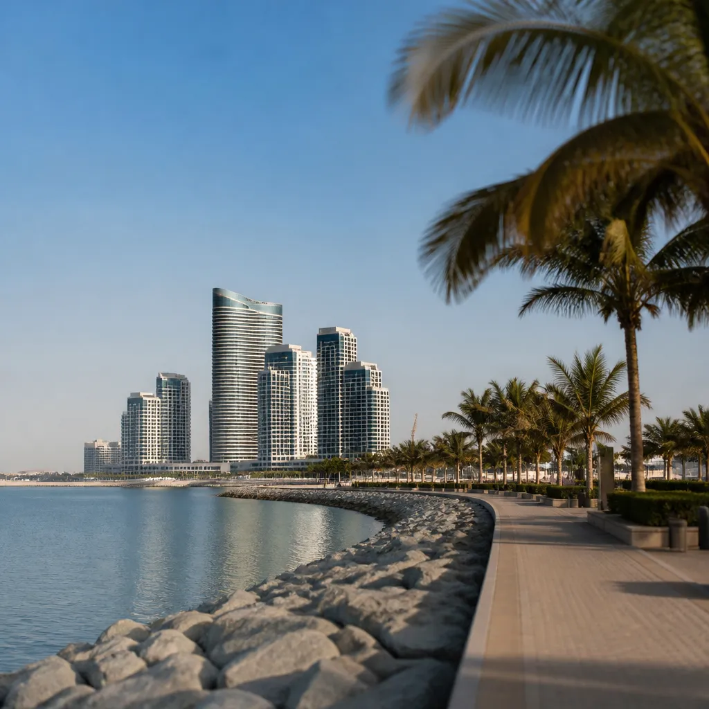 Побережье Al Marjan Island в Рас-эль-Хайме с современными жилыми комплексами