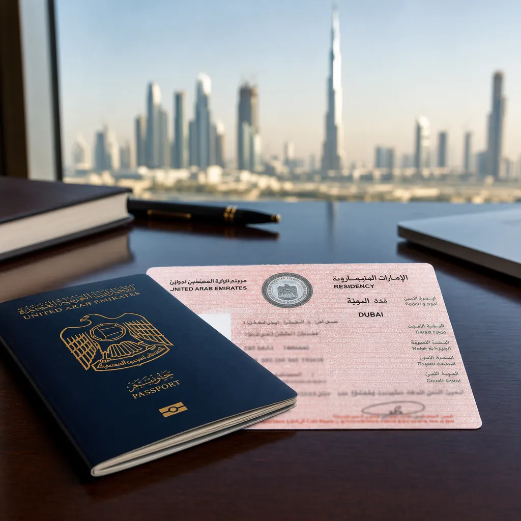 Карта Emirates ID и документы резидента ОАЭ на фоне современного жилого района Дубая
