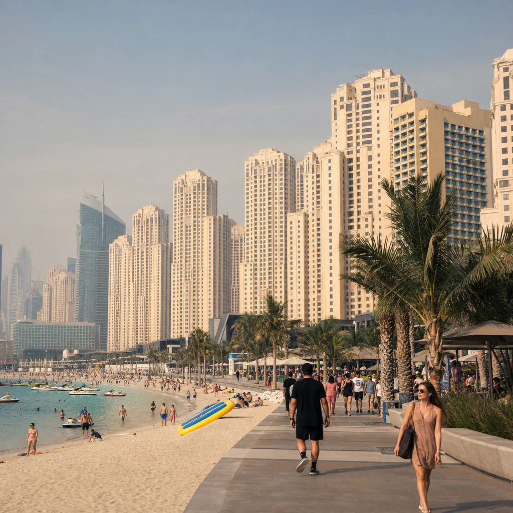 Панорамный вид на жилые башни JBR и пляж в Дубае
