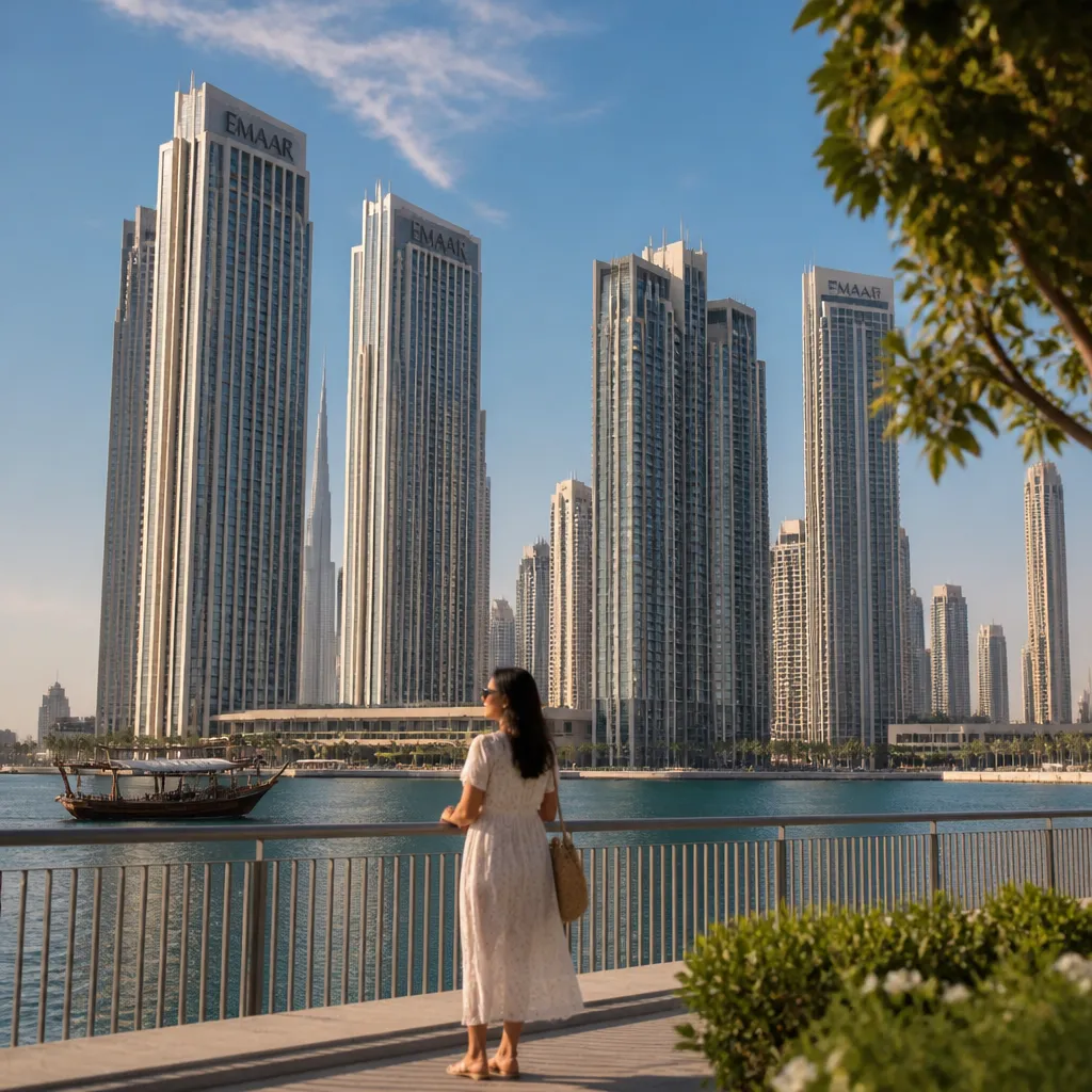 Современные жилые башни Emaar в Дубае на фоне тёплого дневного неба