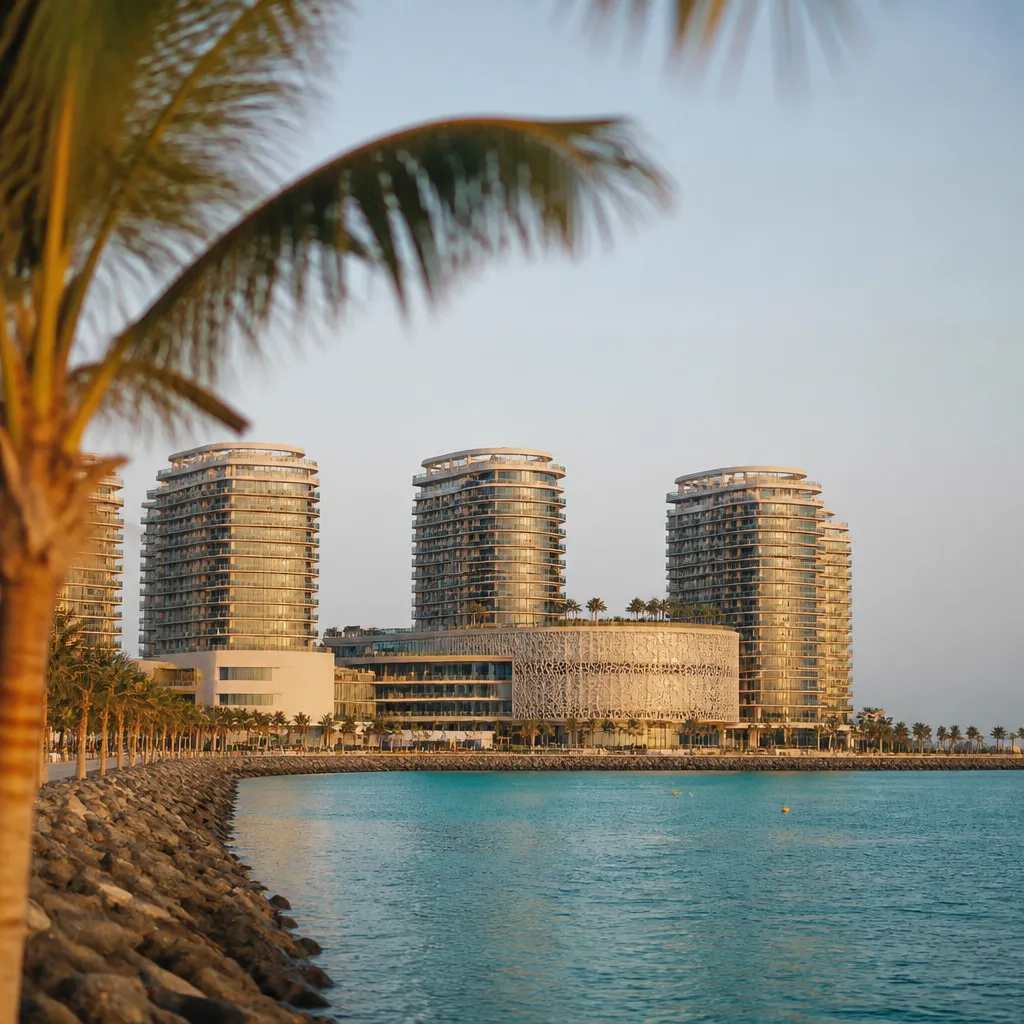Панорама побережья Al Marjan Island в Рас-эль-Хайме с современной курортной застройкой