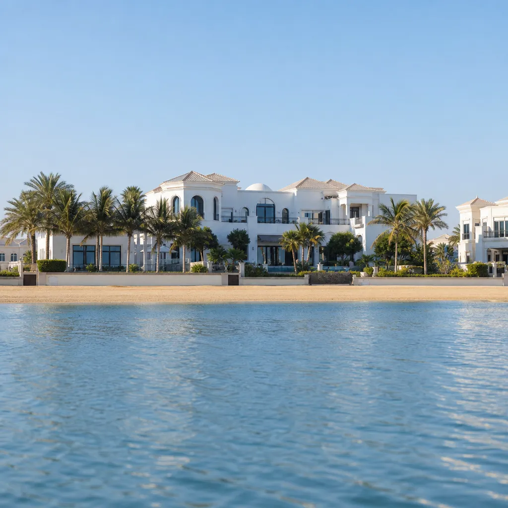 Вид на жилые резиденции и набережную Palm Jumeirah в Дубае