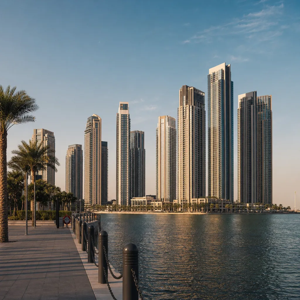 Современные жилые башни и набережная Dubai Creek Harbour в Дубае