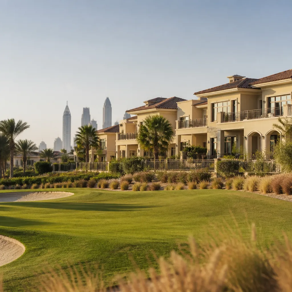 Виллы и гольф-поле в районе Jumeirah Golf Estates в Дубае