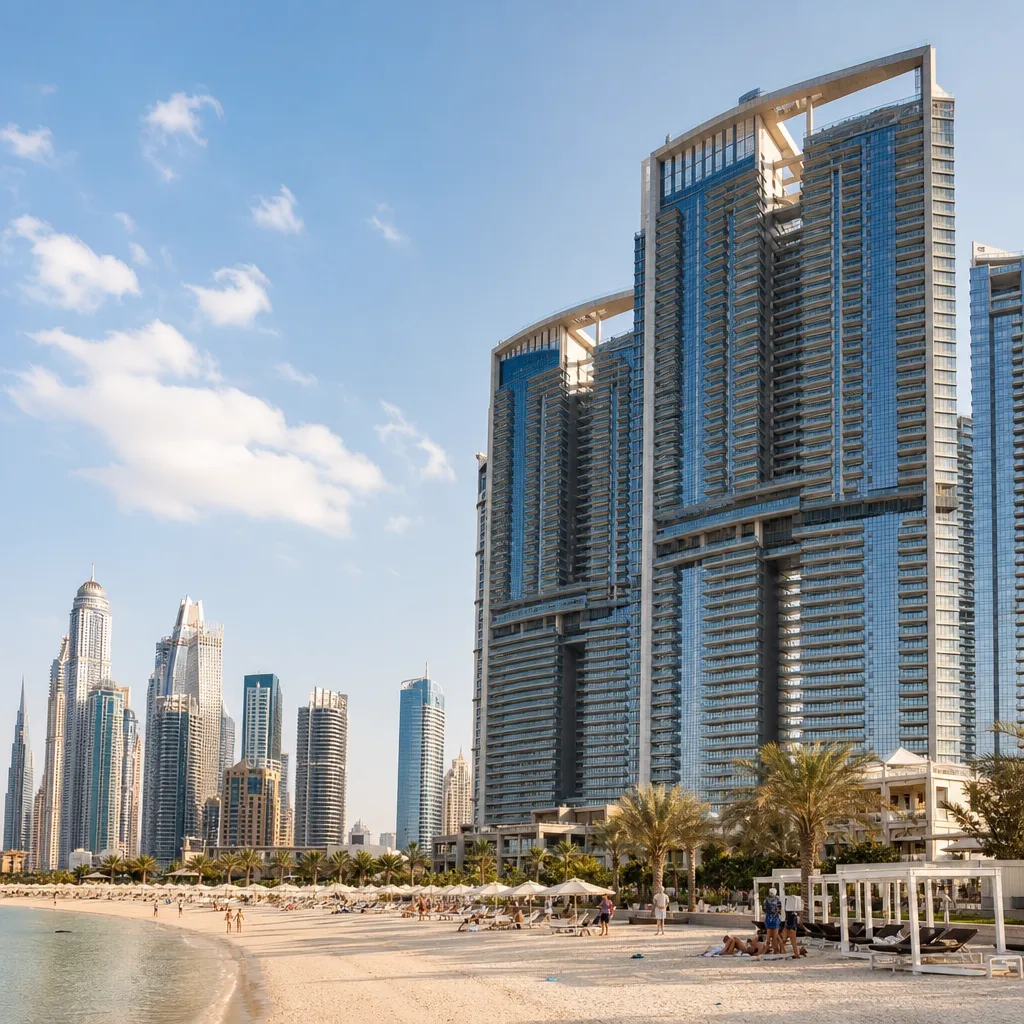 Современные жилые башни Emaar Beachfront у моря в Dubai Harbour