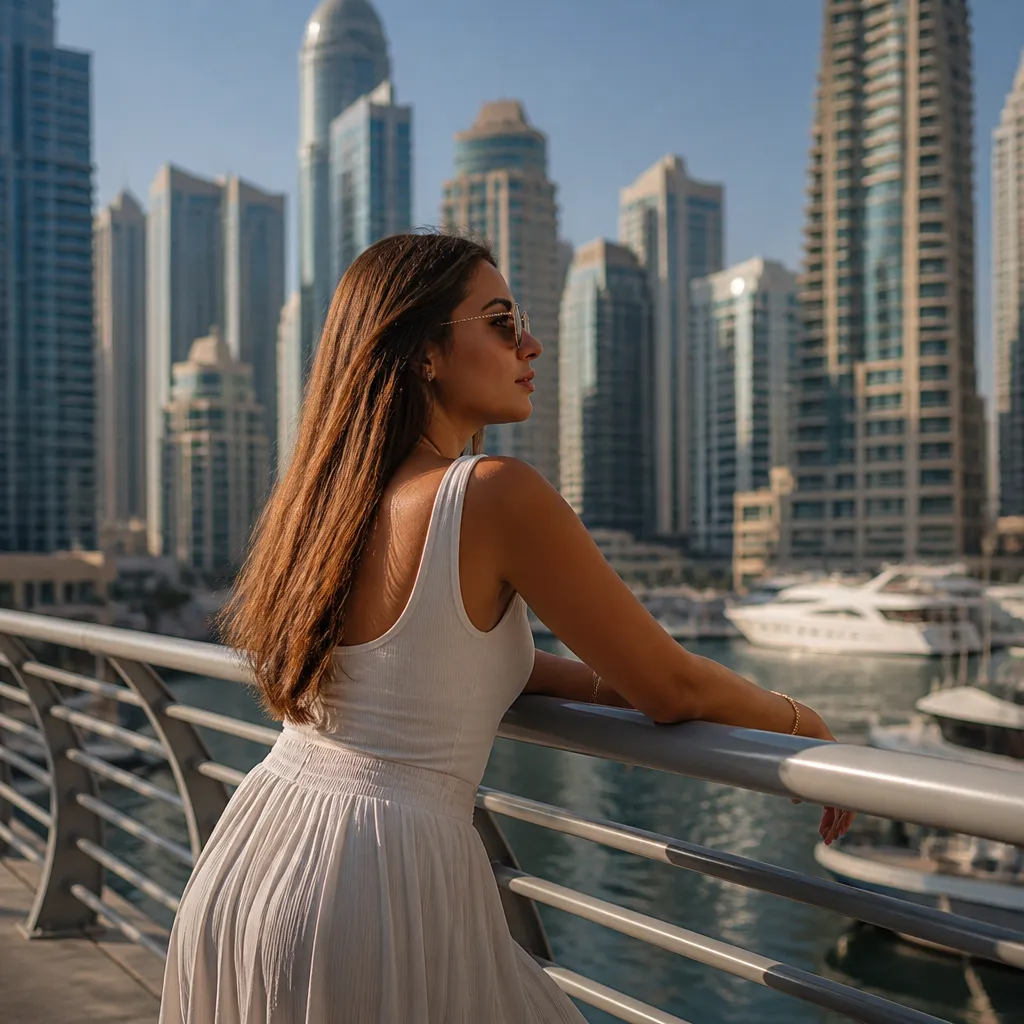 Современные жилые башни Dubai Marina на фоне дневного неба