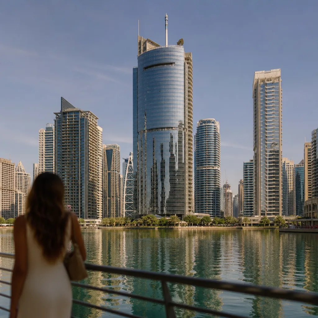 Современные жилые башни и озеро в районе Jumeirah Lake Towers в Дубае